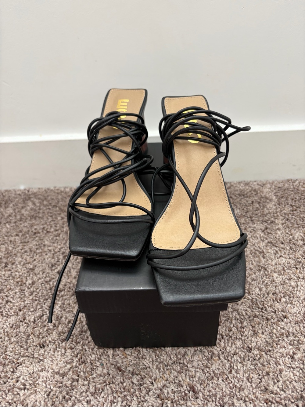 EGO Black Square-Toe Lace-Up Heeled Sandals